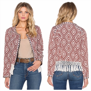 Tularosa Santa Fe Fringe-Trim Long Sleeve Open Boho Jacket Burnt Red Women's S