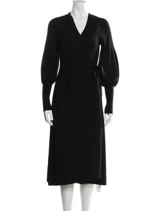 Zimmermann Merino Wool Long Sleeve Surplice Wrap Midi Dress Black Women's Size 0