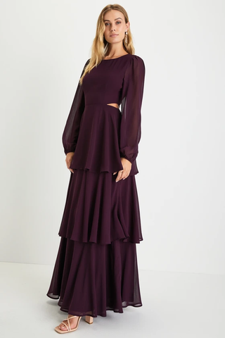 Lulus Garden Bliss Cutout Long Sleeve Tiered Maxi Dress Plum Purple Women's XL