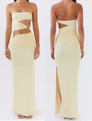 NWT Peppermayo Into Pieces Strapless Cutout Mesh Maxi Dress Lemon Womens US 8
