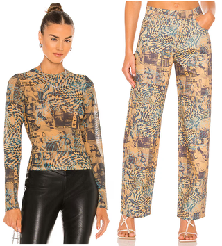 Miaou Wanted Print Long Sleeve Mesh Tee & Fargo Straight Jeans Set Brown Blue S