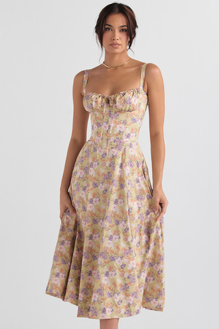 House of CB Carmen Peony Floral Print Bustier Midi Sundress Green Pink Small
