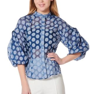 NWT Gracia Sheer Polka Dot 3/4 Puff Sleeve Button Up Blouse Blue Women's Size S
