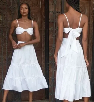 NWT Krewe Du Q 2 Pc Set: Cropped Bra Top & Tiered White Midi Skirt Womens XS / S
