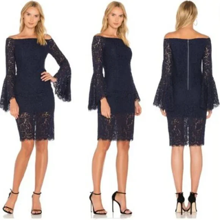 Bardot Solange Off-the-Shoulder Bell Sleeve Lace Bodycon Midi Dress Navy Size 8