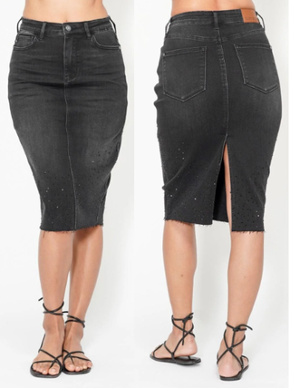 NWT Judy Blue High Waist Rhinestone Embellished Midi Denim Pencil Skirt Black L