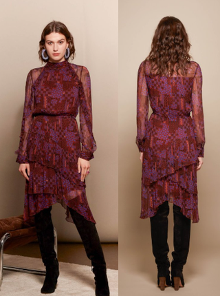 Ba&Sh Macha Silk Sheer Sleeve Asymmetric Tiered Ruffle Hem Midi Dress Burgundy 6