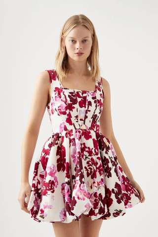 Aje Suzette Roses of Provence Print Floral Bubble Mini Dress White Pink US 8