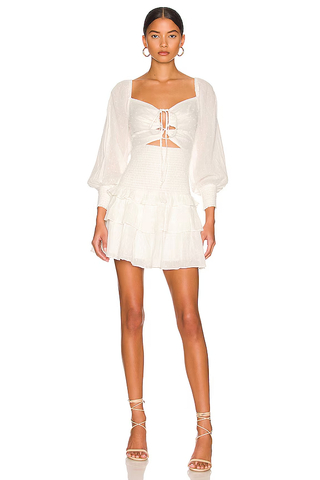 ASTR the Label Marietta Long Sleeve Smocked Ruffle Mini Dress White Women Size L