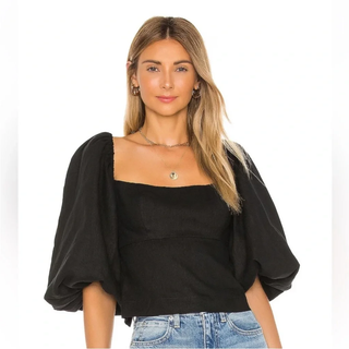 LPA Alice Linen Puff Sleeve Lace Up Back Cropped Blouse Top Black Women's Small
