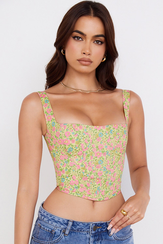 House of CB Poppy Vintage Floral Print Cropped Corset Top Yellow Women's Size XS