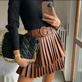Zara Faux Leather High Waisted Belted Pleated Mini Skirt Brown Women's Size M