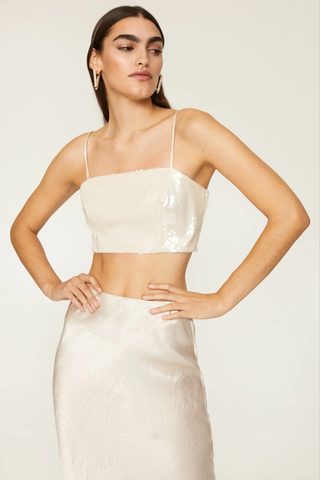 NWT Cinq à Sept Nikki Sleeveless Square Neck Sequined Crop Top Cream Womens M