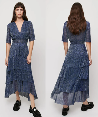 Maje Sheer Lurex Tiered Hi-Low Maxi Dress Blue Silver Women's Size 38 FR / US 6