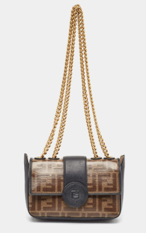 Fendi Black/Mogano Zucca FF Coated Canvas Flap Mini Shoulder Bag w/ Chain Strap