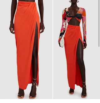 Ronny Kobo Blythe Draped Ruched High Rise High Slit Maxi Skirt Tangerine Small