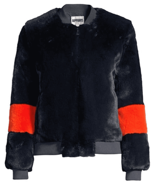 Apparis Jem Faux Fur Bomber Jacket Navy Blue with Neon Orange Womens Medium