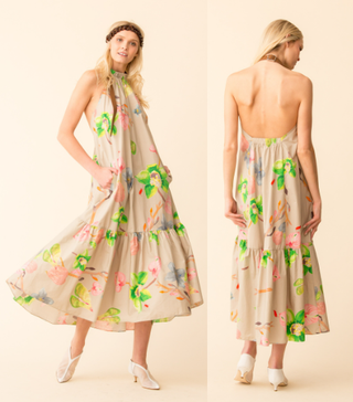 Tibi Linnea Floral Poplin Leather Halter Midi Swing Dress Hazelwood Women's 0