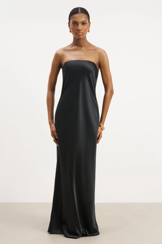 NWT BOA Because of Alice Satin Strapless Column Maxi Formal Dress Black Women XS