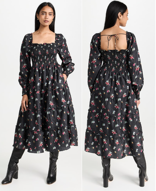Hill House Home The Naomi Nap A-Line Dress Black Ikat Floral Crushed Taffeta S