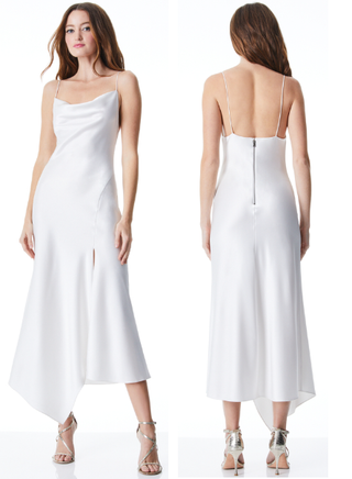 NWT Alice + Olivia Harmony Satin Cowl Neck Drapey Midi Slip Dress White Womens 4