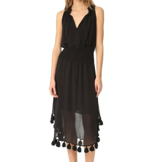 MISA Los Angeles Athena Smocked Waist Fringe Hem Chiffon Midi Dress Black XS