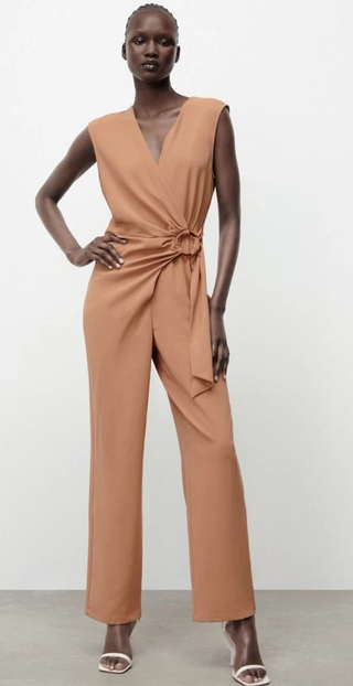 NWT Zara Sleeveless Surplice Neck Straight Leg Crossover Jumpsuit Dark Camel S