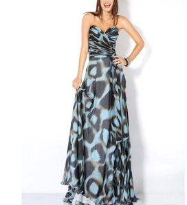 NWT Jovani Strapless Sweetheart Formal Silk Gown Maxi Dress Brown/Blue/Black 6
