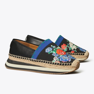 Tory Burch Daisy Slip On Espadrille Leather and Coated Canvas Navy Tea Rose 8.5