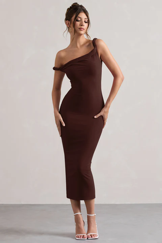 NWT Club L Salome Twisted Asymmetric Midi Dress Chocolate Drizzle Women's Size 2