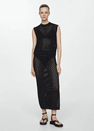 Mango Crochet Set: Open Knit Sleeveless Top & Midi Skirt Black Women's Size S