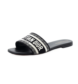 DIOR Dway Embroidered Cotton Flat Slides Sandals Black Women's Size 40 / US 10