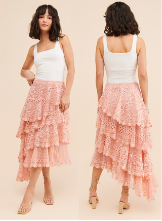 NWT Farm Rio Guipure Lace Tiered Asymmetric A-Line Midi Skirt Pink Women's XS