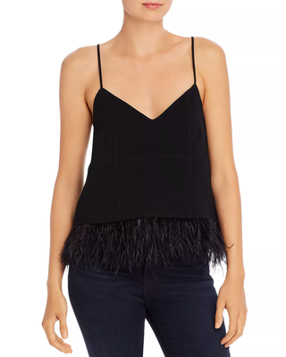 NWT Cinq à Sept Narcissa Ostrich Feather-Trimmed Crêpe Tank Top Black Women's XS