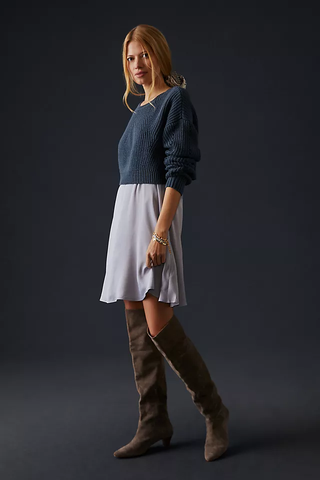 NWT By Anthropologie Cropped Sweater & Mini Dress Set Navy Lilac Womens Small