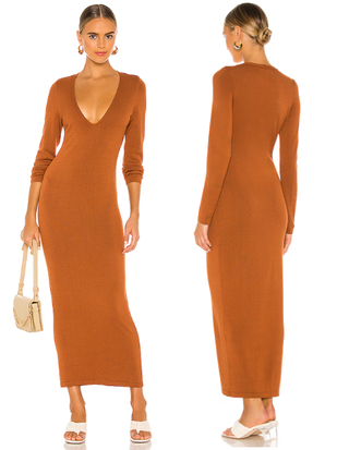 L'Academie Deena Long Sleeve V-Neck Bodycon Maxi Dress Brown Women's Size XS