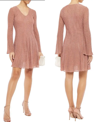 NWT Missoni Long Sleeve Metallic Plissé Ribbed-Knit Mini Dress Pink 44 IT / US 6