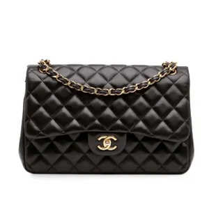 CHANEL Lamb Leather Quilted Jumbo Classic Double Flap Shoulder Bag Black