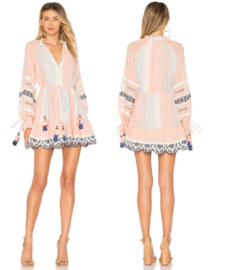 Hemant & Nandita Long Sleeve Tassel Tie Boho Mini Dress Peach/Blue Women's XS