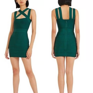 NWT Hervé Léger Crisscross Neck Bandage Mini Dress Forest Green Women's Size M