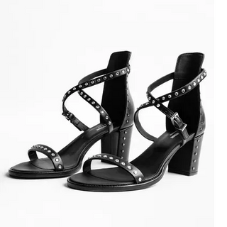 Zadig & Voltaire May Studded Leather Ankle Strap Block Heel Sandals Black EU 36