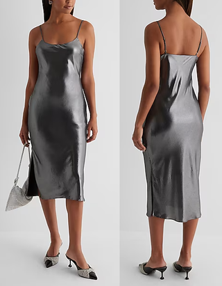 NWT Express Metallic Scoop Neck Downtown Cami Midi Slip Dress Silver Gray Small