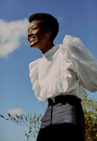 Ostra Brasil Eyelet Puff Sleeve Ruffle Trim High Neck Blouse White Womens Size M