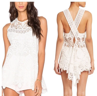 Alexis "Ji" Sleeveless Open Back Floral Crochet Tunic Blouse Top White Womens XS