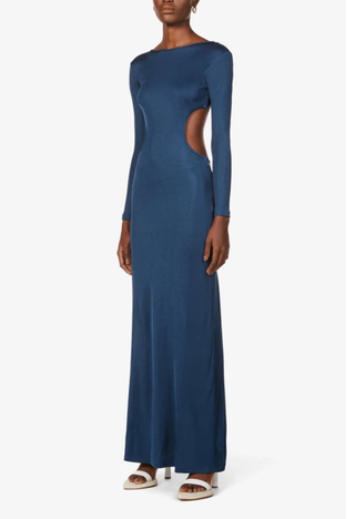 Cult Gaia Ali Long Sleeve Cutout Open-Back Crepe Maxi Gown Blue Women's Size XS