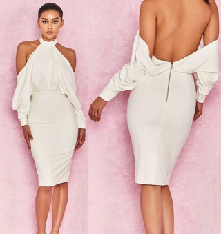 House of CB Camora Draped Cold Shoulder  Knee Length Bodycon Dress White Medium
