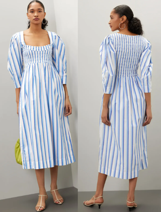 NWT Ganni Striped Cotton Smocked A-Line Midi Dress White Blue Womens 44 / US 12