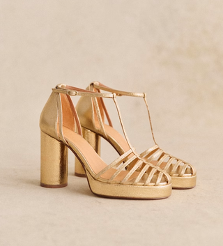 NWOT Souliers x Sezane Daria Metallic Leather Block Heel Strappy Sandals Gold 40