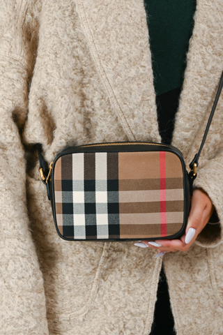 NWT Burberry Novacheck Leather Crossbody Camera Bag Beige/Black