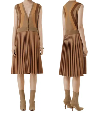 NWT Burberry 100% Wool Sleveless V-Neck Pleated A-Line Midi Dress Light Brown S